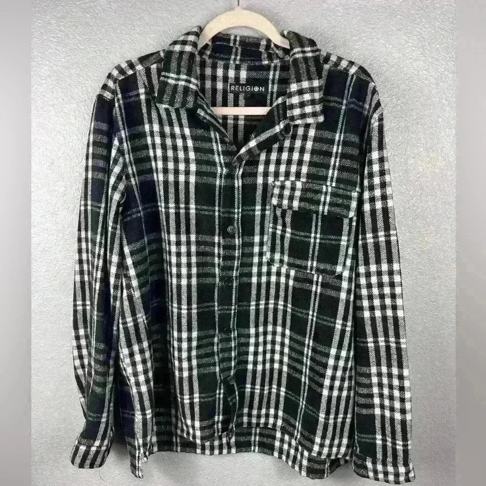RELIGION Plaid Button Up Womens XL Black/White Long Sleeve Front Pocket Patch